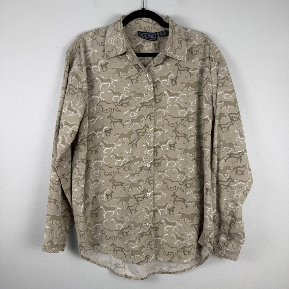 Rachel Brooke Shirt Womens XL Beige Horse Print Classic Button-Up Western Casual